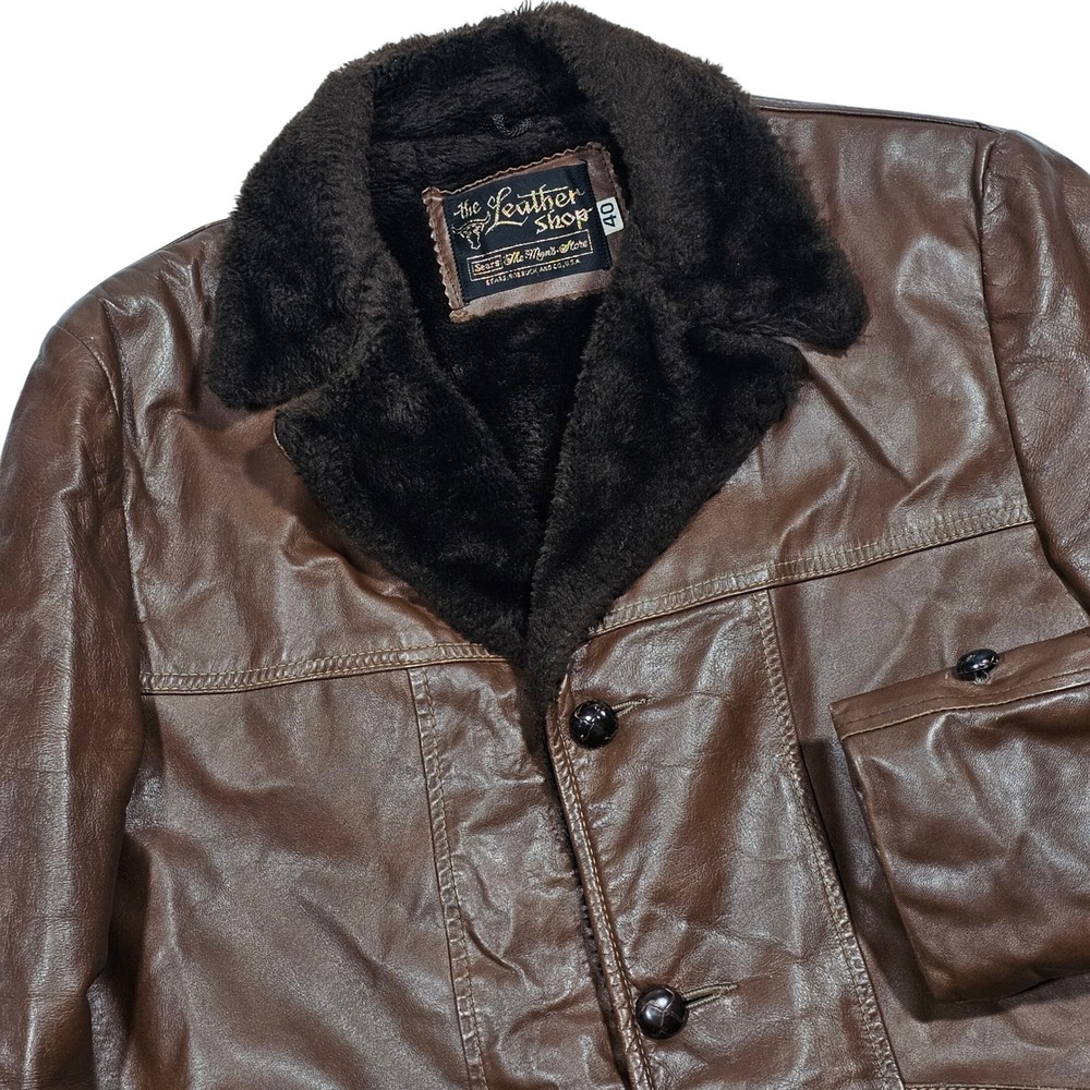 Sears The Leather Shop Jacket Mens 40 Brown Faux Fur Lined Rancher Vintage 70s